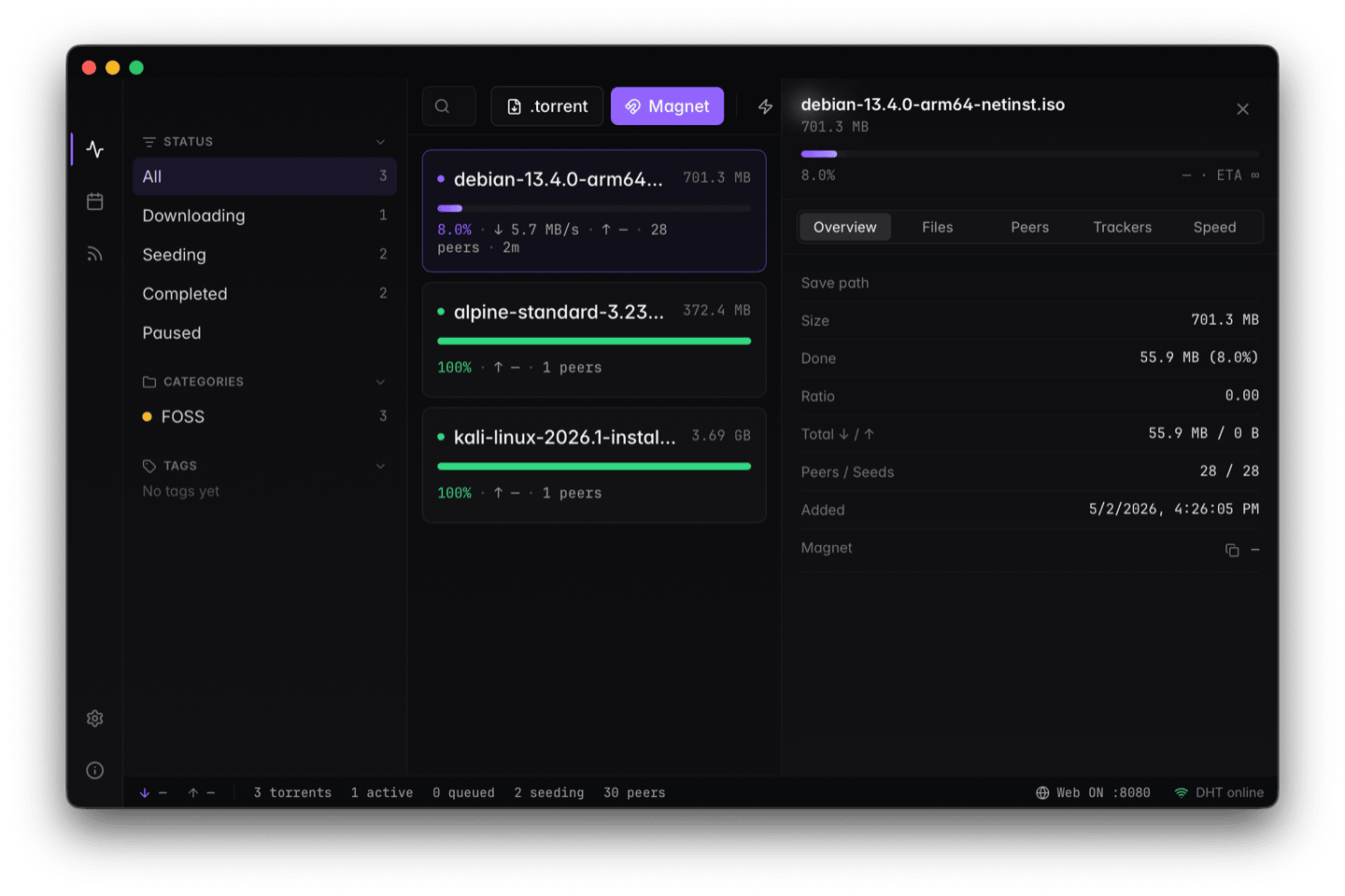 Mosaic running on macOS — torrent list, inspector pane, and status bar